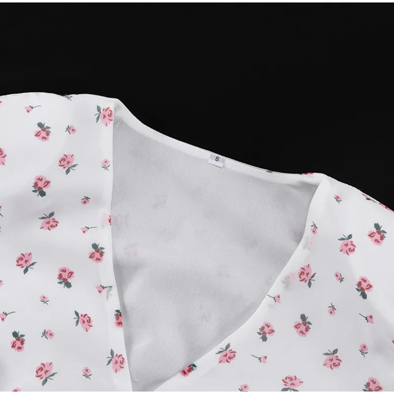 Floral Print V-Neck Flare Sleeve Mermaid Set Waist Cinched Ruffle Hem 2026 Summer Party Women Gown Retro Elegant Lady Vestido