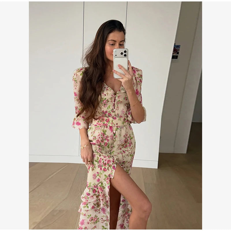 Flutter Sleeves Pleated Long Dress Women Chic Deep V-neck Floral Print Sexy Waist Cinching Vestidos Lady Holiday Street Dresses