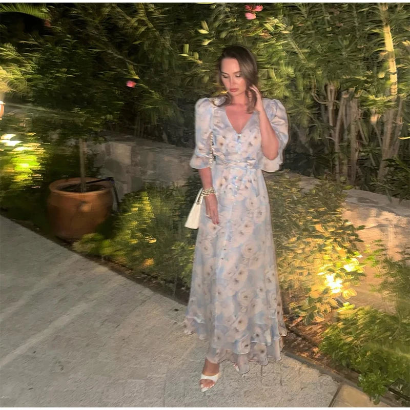 Flutter Sleeves Pleated Long Dress Women Chic Deep V-neck Floral Print Sexy Waist Cinching Vestidos Lady Holiday Street Dresses