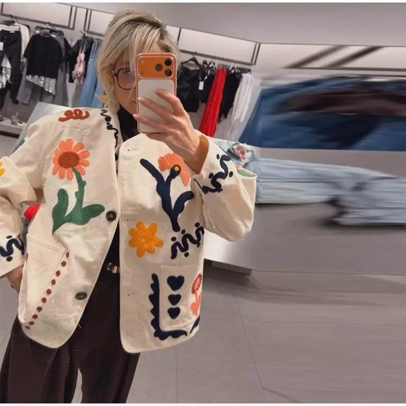 Women Print Floral Jacket Colorful Casual O-neck Long Sleeve Single Breasted Pocket Jackets 2026 Spring Summer Chic Retro Coat