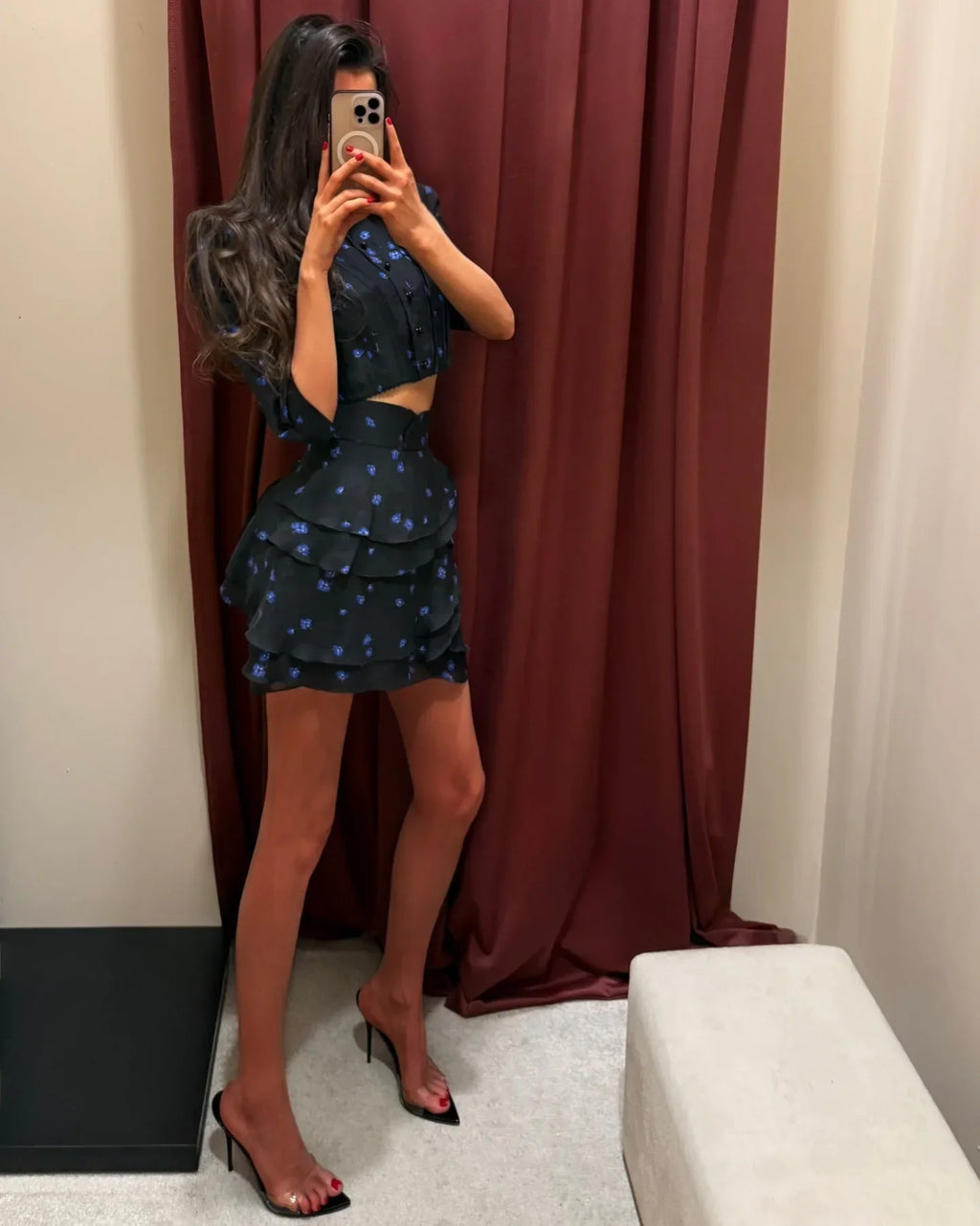 Women's Elegant Floral Print Two Piece Set Fashion Puff Sleeve Crop Top Layered Ruffle Mini Skirt Sets 2026 New Lady Daily Suits