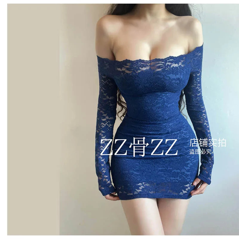 Blue Lace Mesh Slim Mini Dress Autumn New Style French Dress Elegant Feminine One Shoulder Slash Neck Lace Sexy Korean YRR6