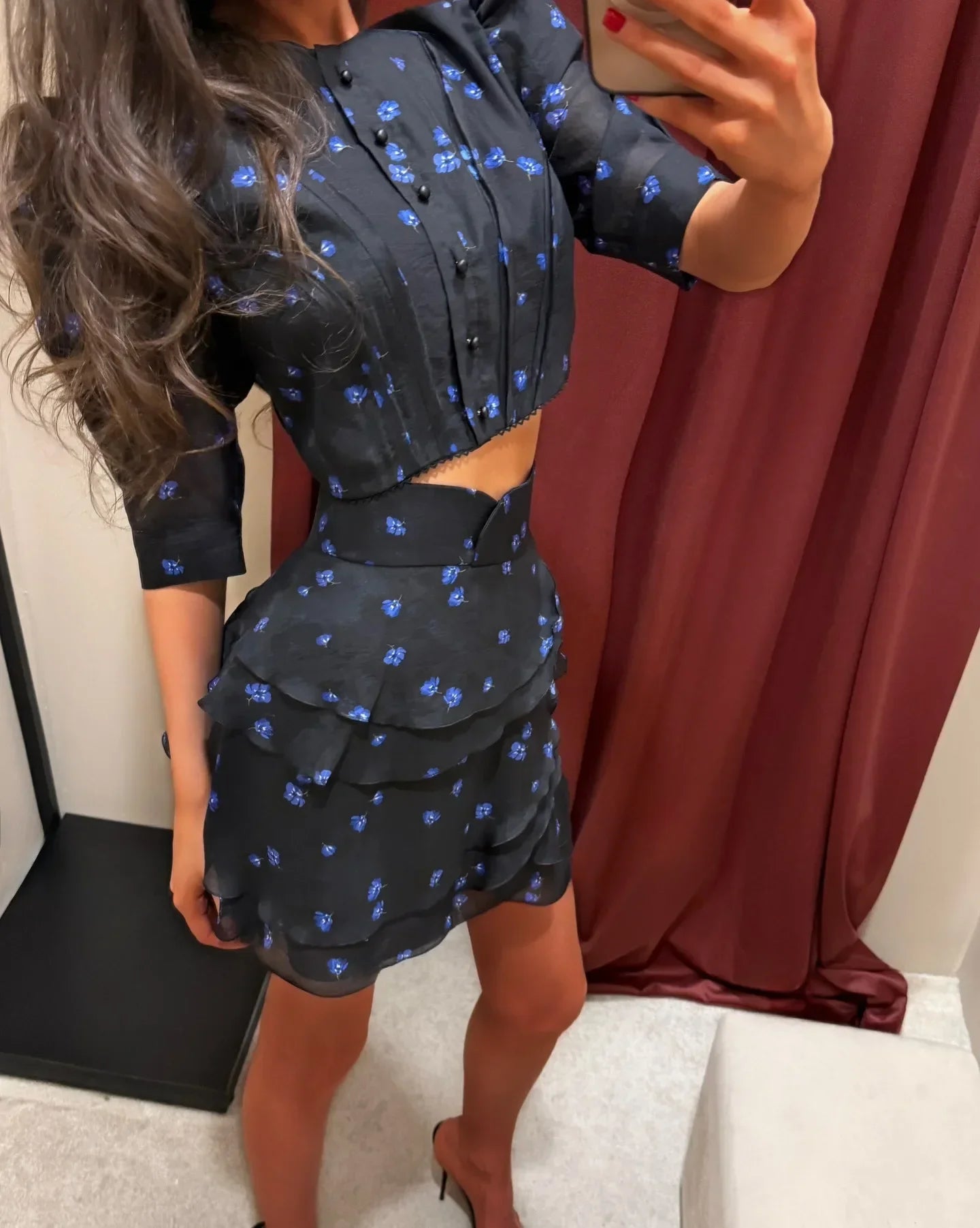 Women's Elegant Floral Print Two Piece Set Fashion Puff Sleeve Crop Top Layered Ruffle Mini Skirt Sets 2026 New Lady Daily Suits