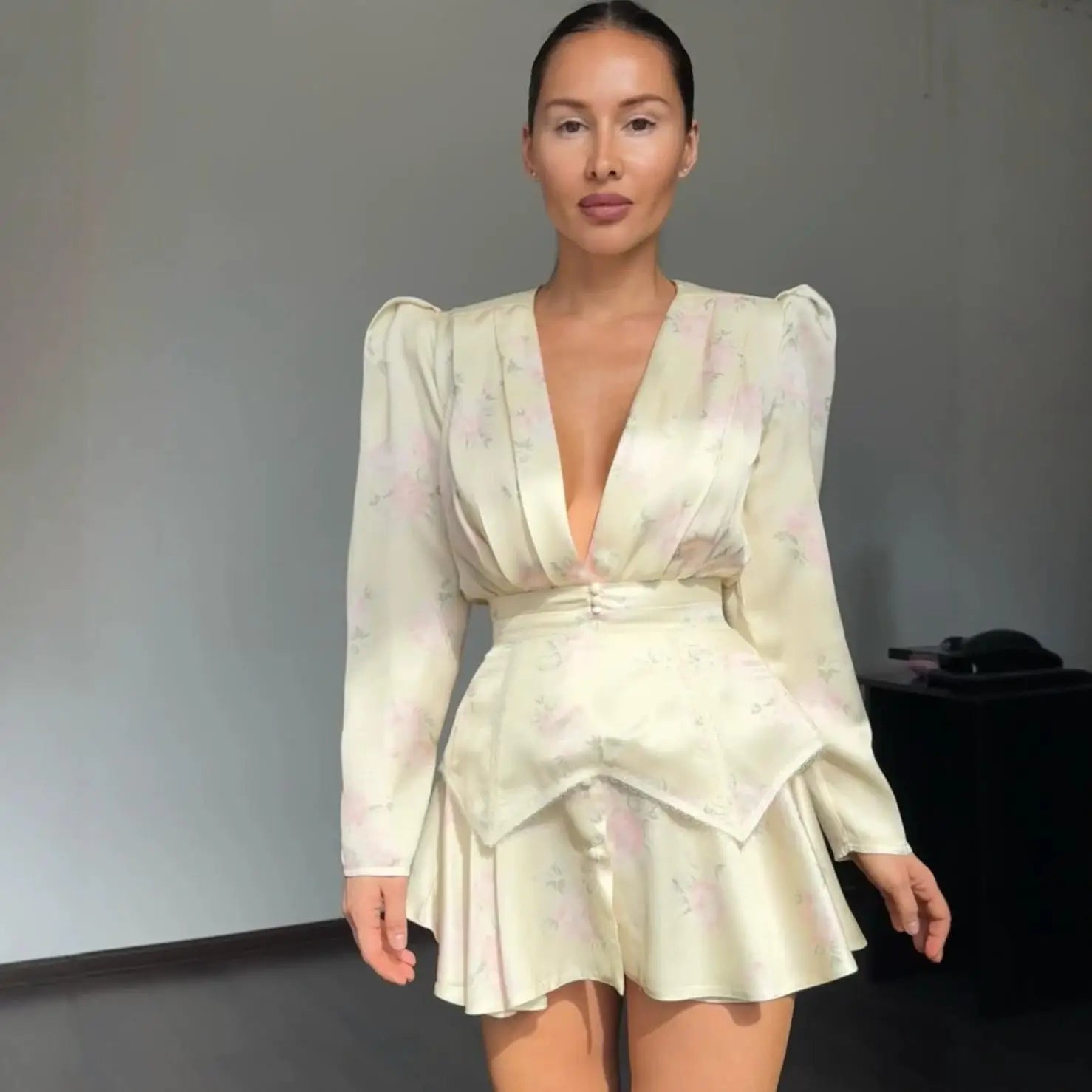 Elegant Printed Women's Dress Organza Deep V-neck Half Sleeved Waist Cinched Pleated Dresses 2026 Summer Lady Holiday Party Robe