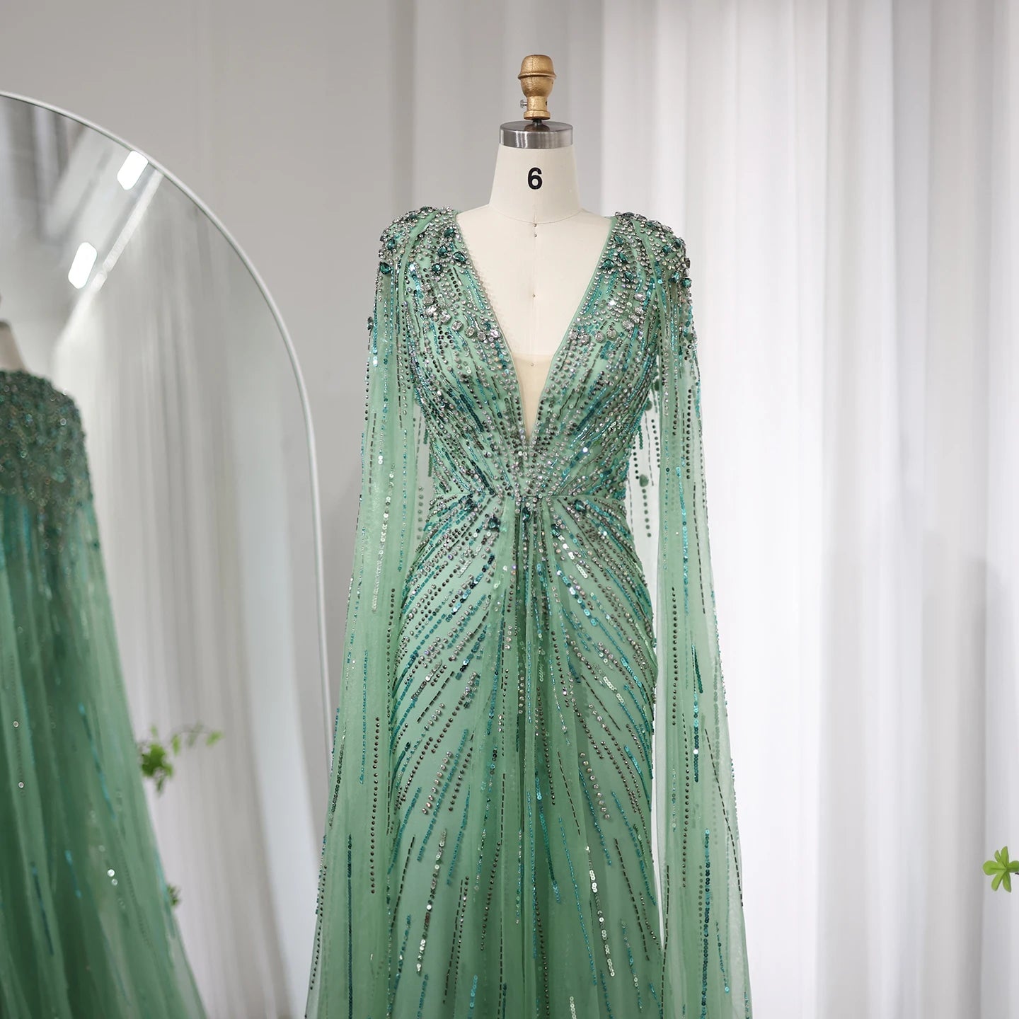 Sharon Said Luxury Dubai Sage Green Evening Dresses with Cape Fuchsia Crystal Gold Women Wedding Party Gowns SS399 Customized