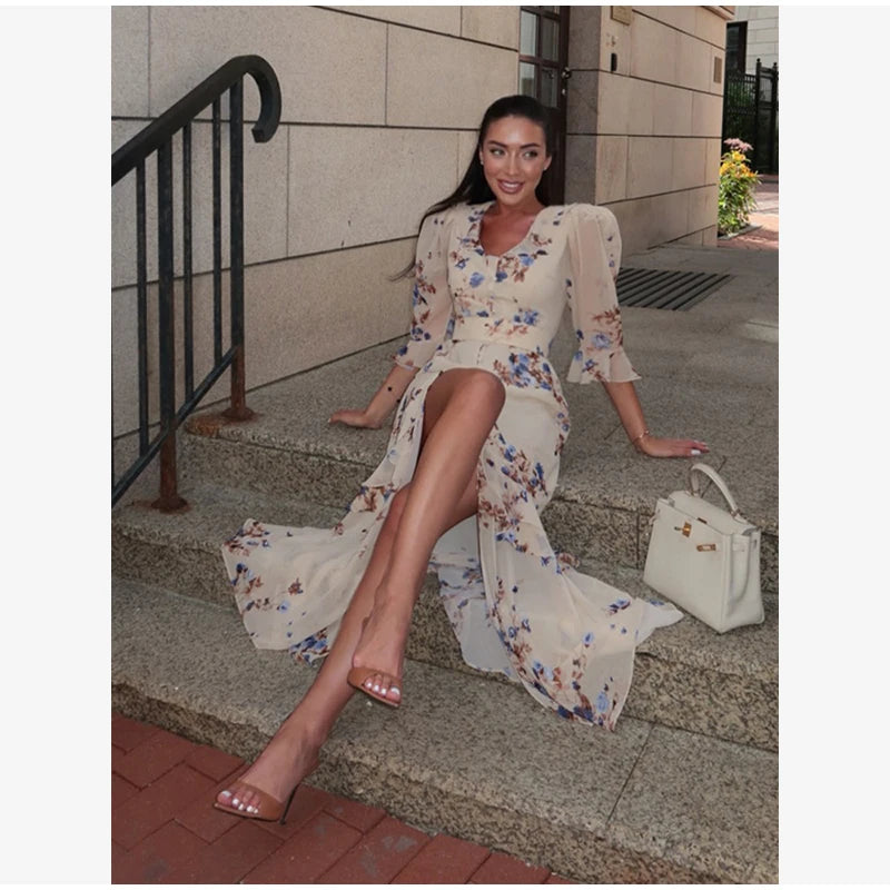 Flutter Sleeves Pleated Long Dress Women Chic Deep V-neck Floral Print Sexy Waist Cinching Vestidos Lady Holiday Street Dresses
