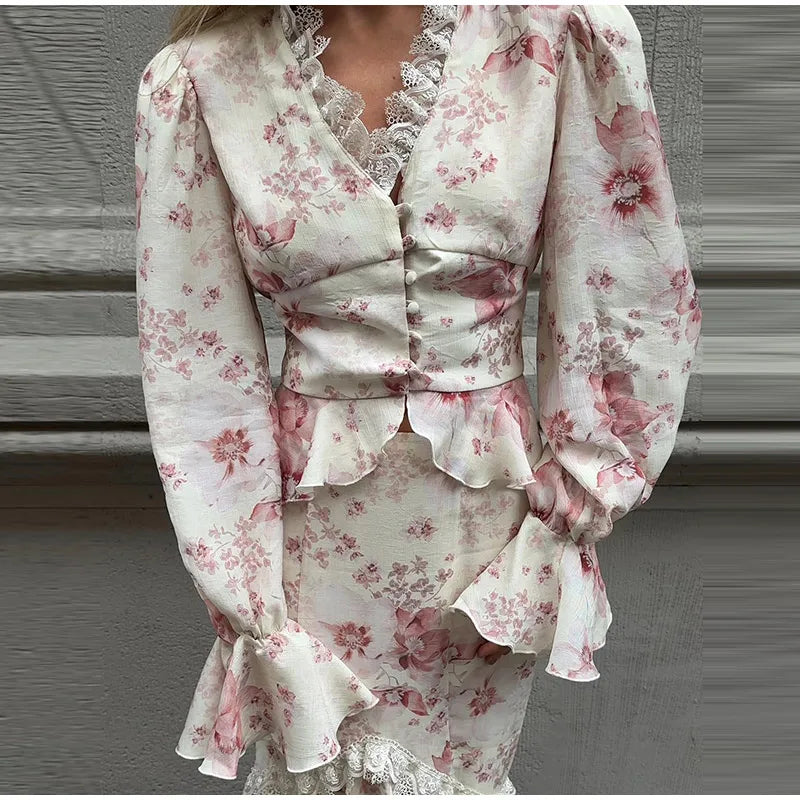 Floral Print V-Neck Flare Sleeve Mermaid Set Waist Cinched Ruffle Hem 2026 Summer Party Women Gown Retro Elegant Lady Vestido