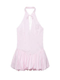 Pink Chic Halter Mini Dress Lady Backless Off-shoulder Hollow Out Lace Up Pleated Bubble Vestidos Women Party Club Dresses