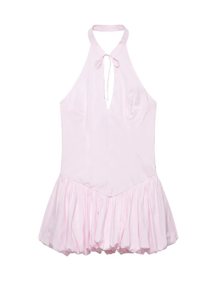 Pink Chic Halter Mini Dress Lady Backless Off-shoulder Hollow Out Lace Up Pleated Bubble Vestidos Women Party Club Dresses