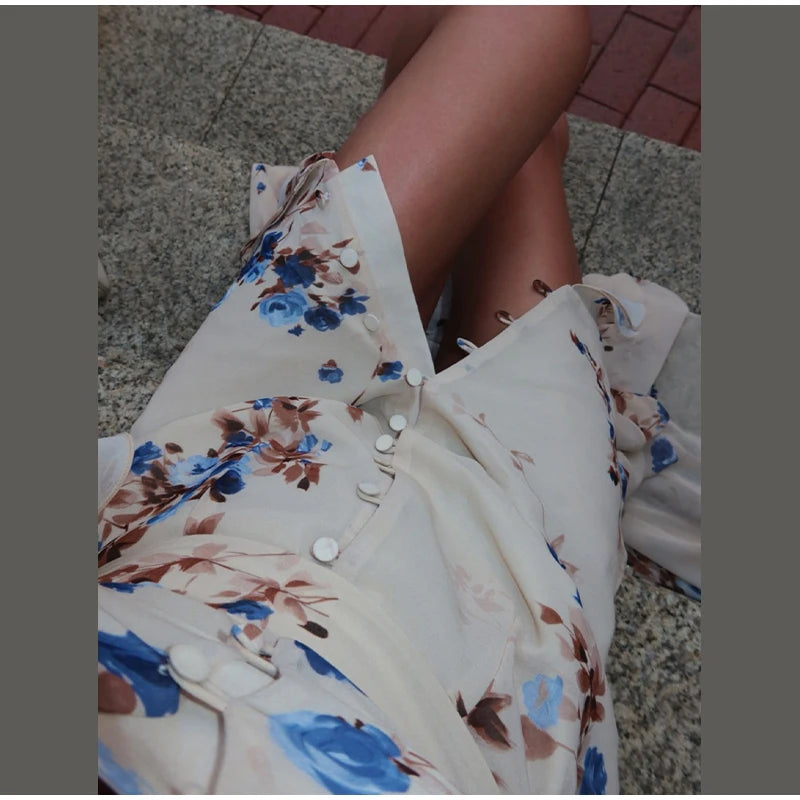 Padded Shoulder Ruffle Maxi Dress V-neck Low Slit Waist Cinching 2026 Springr Holiday Women Flowy Gown Chic Fashion Vestidoes