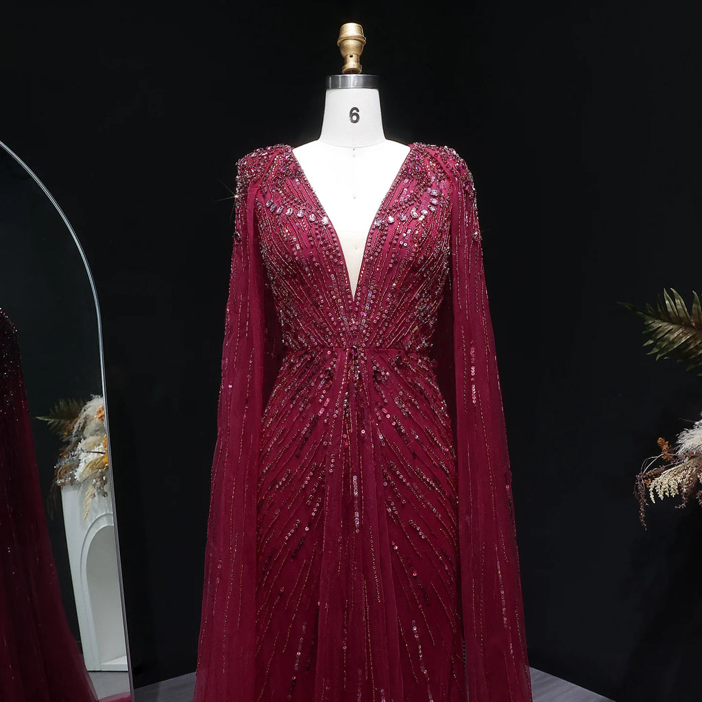 Sharon Said Luxury Dubai Sage Green Evening Dresses with Cape Fuchsia Crystal Gold Women Wedding Party Gowns SS399 Customized