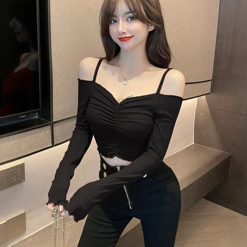 Hong Kong Style Short Crop Top Women's Tight Belly Shirt V-Neck Long Sleeve Cotton T-Shirt Korean Commute Style Base Shirt