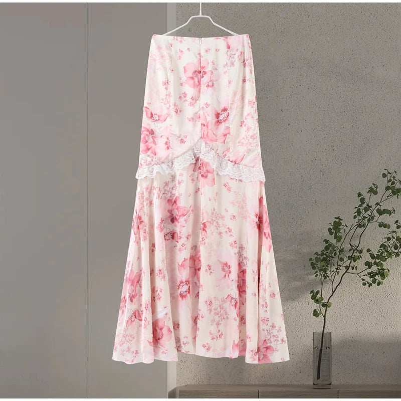 Floral Print V-Neck Flare Sleeve Mermaid Set Waist Cinched Ruffle Hem 2026 Summer Party Women Gown Retro Elegant Lady Vestido