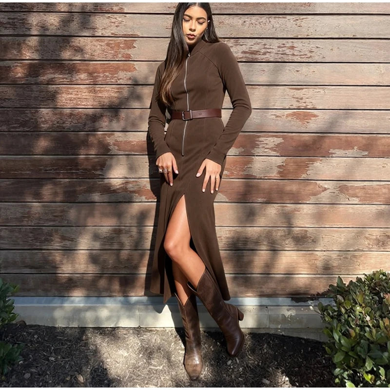 Vintage Half High Neck Long Sleeve Short Dress Women Fashion High Waist Pleasted Zipper Slim Dresses Female Autumn Chic Cloth