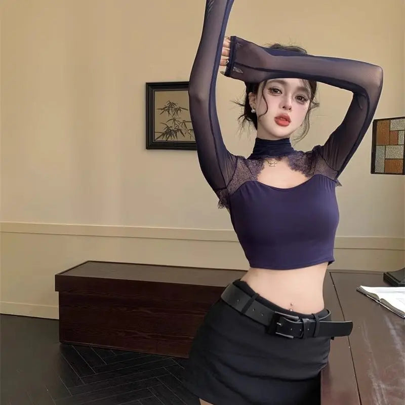 Long Sleeve Lace Splicing Hollow out T-Shirt Women's Spring Design Slim Fit Pure Sexy Purple Short Backless Top