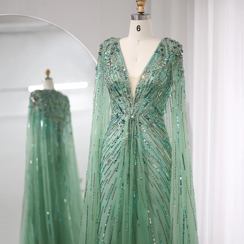 Sharon Said Luxury Dubai Sage Green Evening Dresses with Cape Fuchsia Crystal Gold Women Wedding Party Gowns SS399 Customized