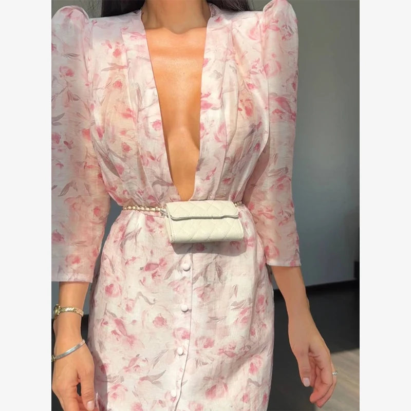 Women Orange Paisley Print Short Sleeve Maxi Dress Fashion V-neck Ruffle Trim Belted Slit Hem Dresses 2026 Lady Vacation Gown