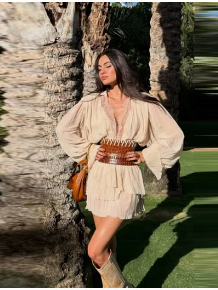 Elegant Beige Pleated Ruffle Mini Dresses Women Lace Trim V Neck Long Sleeve Boho Casual Boho Beach Dress Chic Daily Streetwear