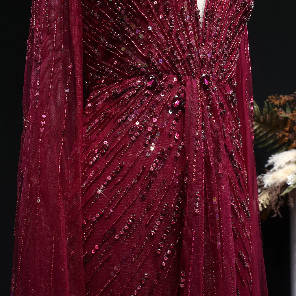 Sharon Said Luxury Dubai Sage Green Evening Dresses with Cape Fuchsia Crystal Gold Women Wedding Party Gowns SS399 Customized