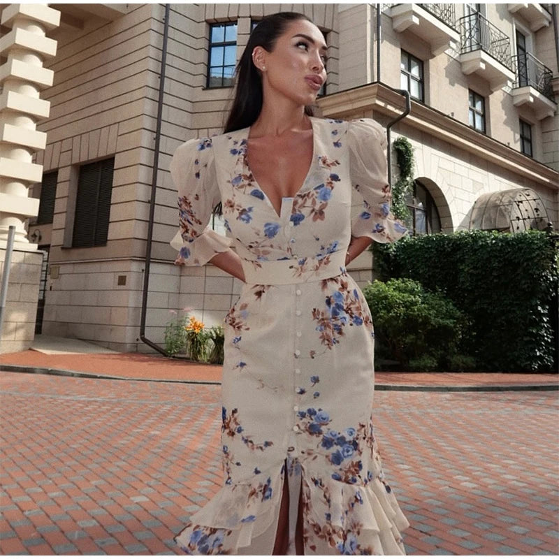 Padded Shoulder Ruffle Maxi Dress V-neck Low Slit Waist Cinching 2026 Springr Holiday Women Flowy Gown Chic Fashion Vestidoes