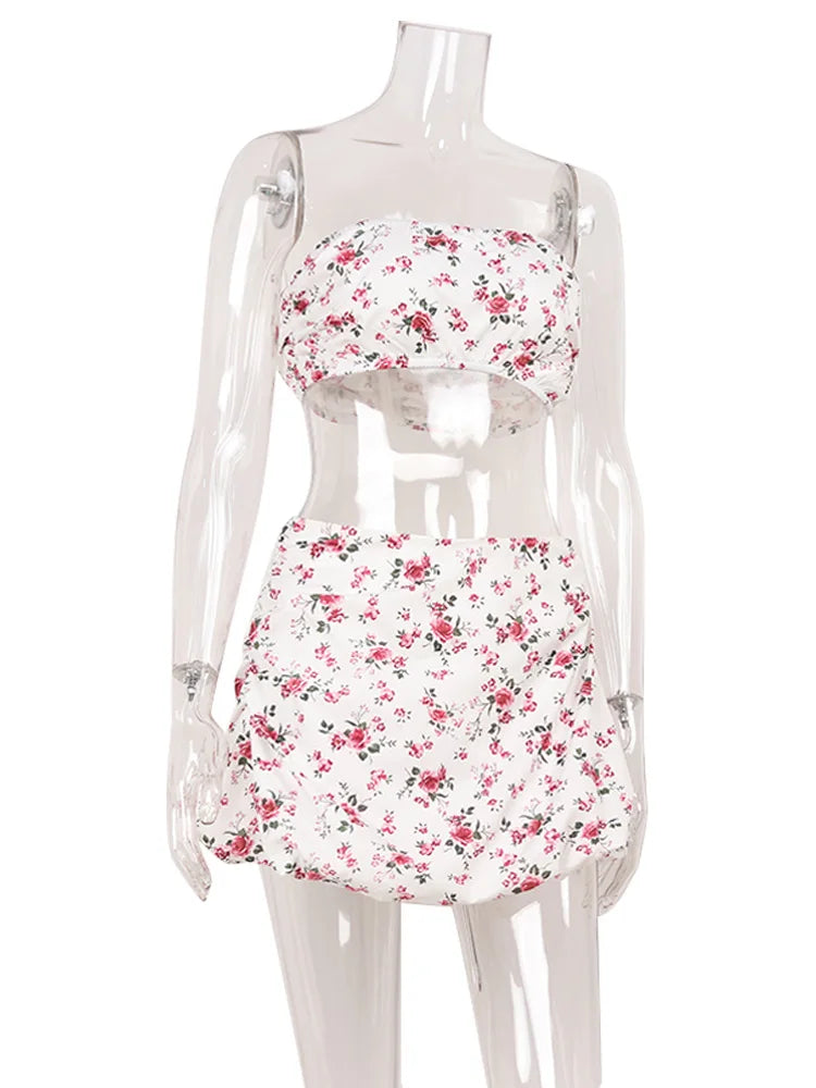 CNYISHE Printed Suits Strapless Sheath Super Short Tees Fashion Sexy Club Women Sets Skinny Casual Female 2-Pieces (Tops+Skirts)
