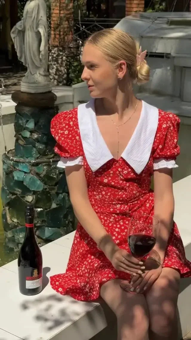V-neck Peter Pan Collar Red Floral Print Puff Sleeve A-line Mini Dress High Waist Women's Casual Dresses 2026 Lady Date Vestidos