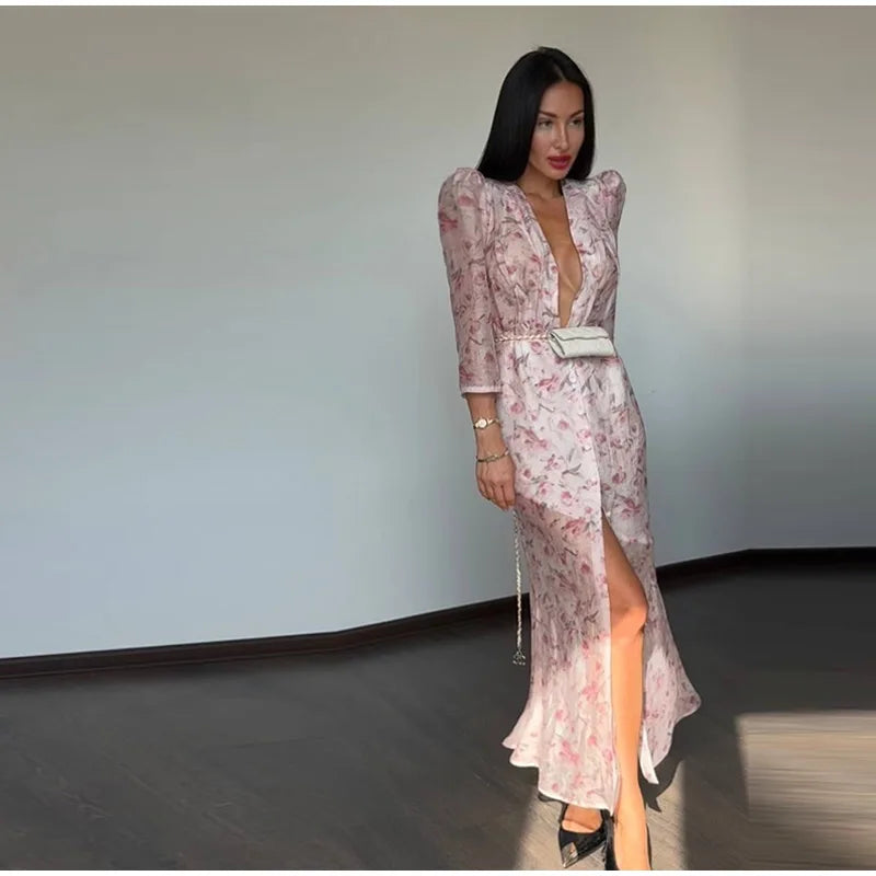 Elegant Printed Women's Dress Organza Deep V-neck Half Sleeved Waist Cinched Pleated Dresses 2026 Summer Lady Holiday Party Robe