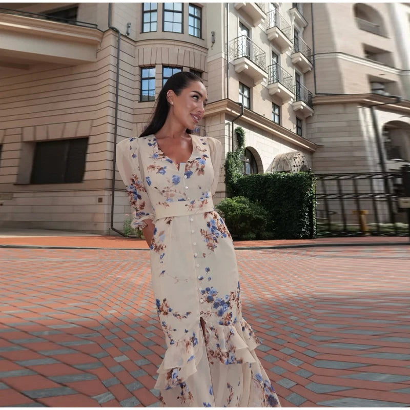 Padded Shoulder Ruffle Maxi Dress V-neck Low Slit Waist Cinching 2026 Springr Holiday Women Flowy Gown Chic Fashion Vestidoes