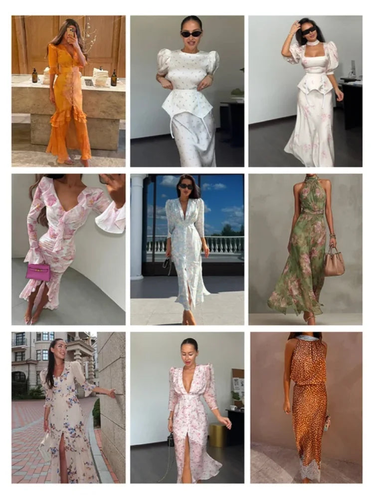 Women Orange Paisley Print Short Sleeve Maxi Dress Fashion V-neck Ruffle Trim Belted Slit Hem Dresses 2026 Lady Vacation Gown