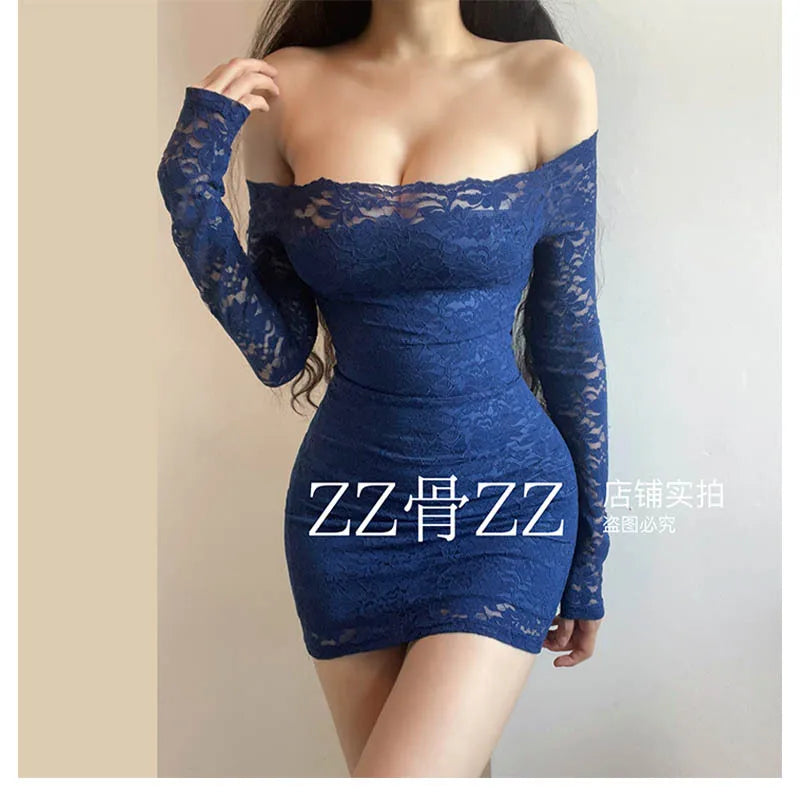 Blue Lace Mesh Slim Mini Dress Autumn New Style French Dress Elegant Feminine One Shoulder Slash Neck Lace Sexy Korean YRR6