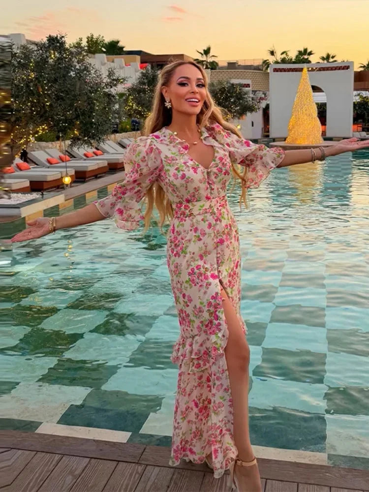 Women Orange Paisley Print Short Sleeve Maxi Dress Fashion V-neck Ruffle Trim Belted Slit Hem Dresses 2026 Lady Vacation Gown