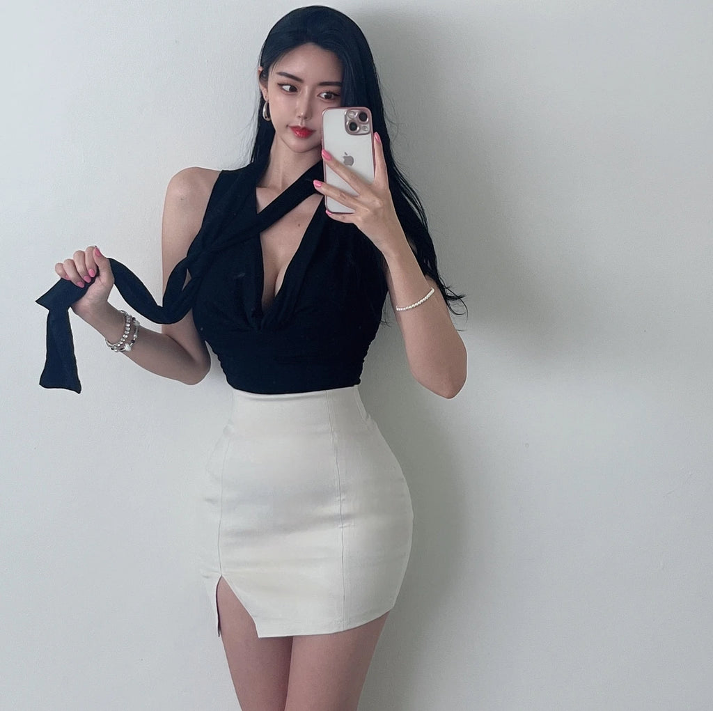 Dongda Gate Pure Desire Sexy Woman Flavor Sleeveless T-shirt Upper Body with Sash Ladylike Temperament Commuter Style Regular...