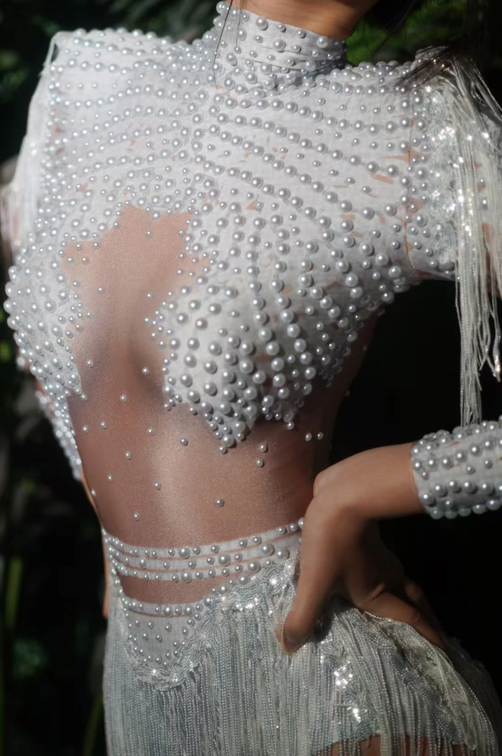 Sexy Elastic Rhinestone Tassel Party Bodysuit OutfiSet Women Nightclub Prom Crystal Fringe LeotardDance Stage Wear Nainiang Q025