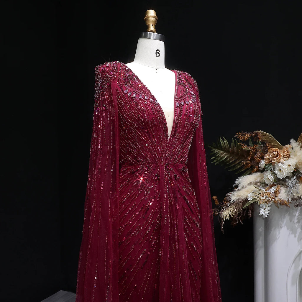 Sharon Said Luxury Dubai Sage Green Evening Dresses with Cape Fuchsia Crystal Gold Women Wedding Party Gowns SS399 Customized