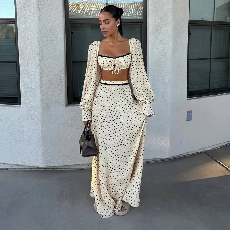 Sexy Polka Dot Cropped Top Long Skirt Women Lantern Sleeve Slash Neck Lace Up Top Maxi Skirts 2026 Summer Lady Beach Outfits
