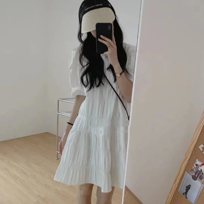 Fashion French Pleaded Dress for Women Elegant Casual Loose Short Sleeve Summer Dress Office Lady Party Dresses Robe New 27992