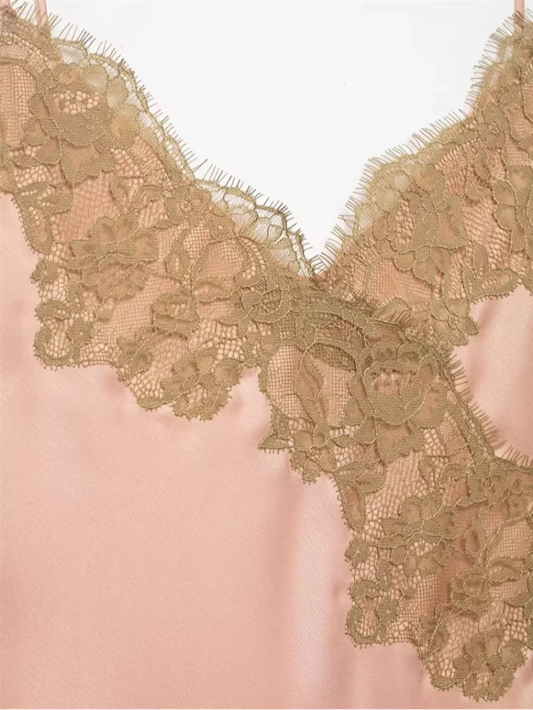 Butter Yellow Satin Bias Cut Lace Patchwork Midi Dress Women's V Neck Backless Suspenders Dresses 2026 New Dinner Party Vestidos