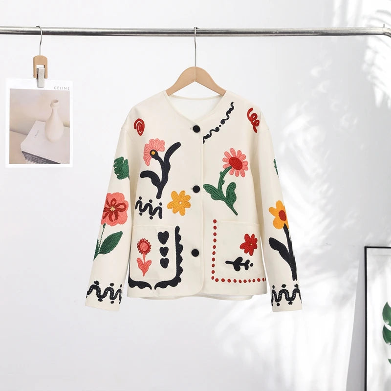 Women Print Floral Jacket Colorful Casual O-neck Long Sleeve Single Breasted Pocket Jackets 2026 Spring Summer Chic Retro Coat