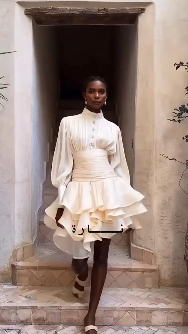 Elegant High Collar Ruffled Mini Dress Women Chic Long Puff Sleeves Waist Cinching A-line Dresses 2026 Lady Evening Dinner Gowns