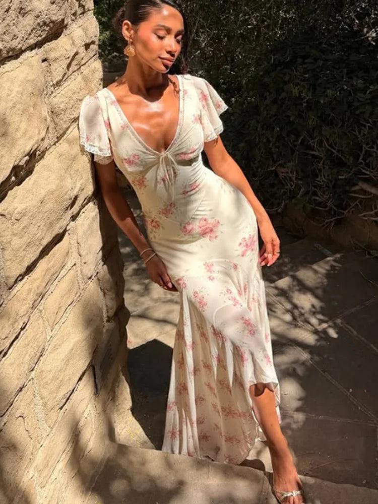 Flutter Sleeves Pleated Long Dress Women Chic Deep V-neck Floral Print Sexy Waist Cinching Vestidos Lady Holiday Street Dresses