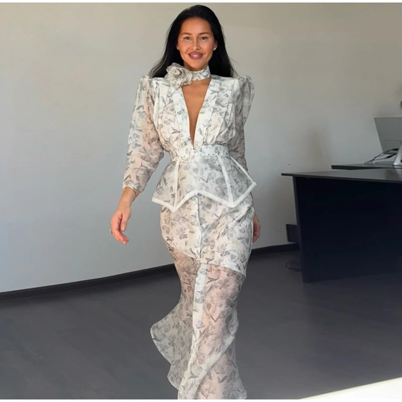 Padded Shoulder Ruffle Maxi Dress V-neck Low Slit Waist Cinching 2026 Springr Holiday Women Flowy Gown Chic Fashion Vestidoes