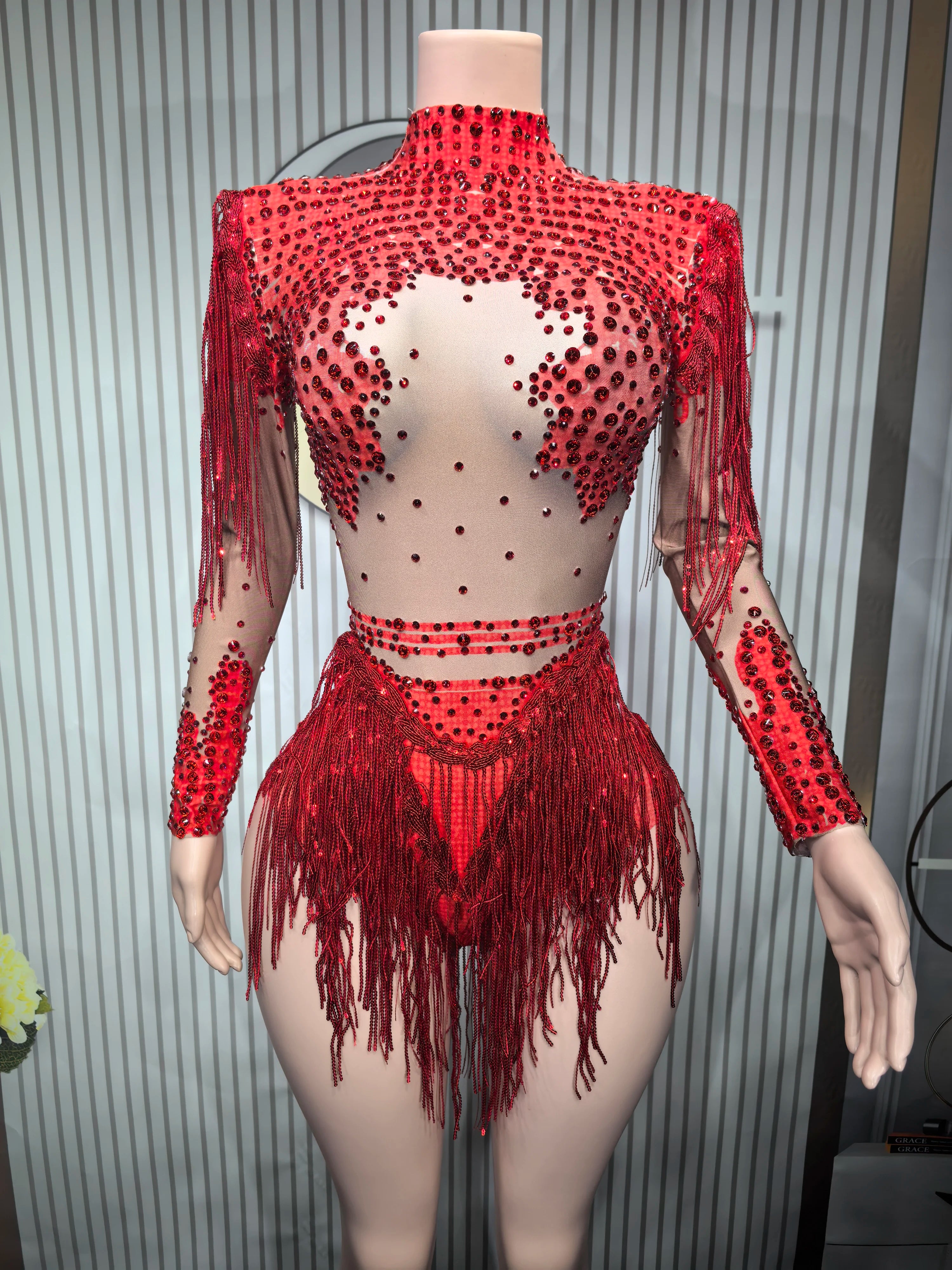 Sexy Elastic Rhinestone Tassel Party Bodysuit OutfiSet Women Nightclub Prom Crystal Fringe LeotardDance Stage Wear Nainiang Q025