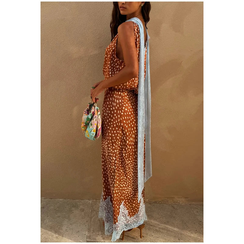 Women Orange Paisley Print Short Sleeve Maxi Dress Fashion V-neck Ruffle Trim Belted Slit Hem Dresses 2026 Lady Vacation Gown