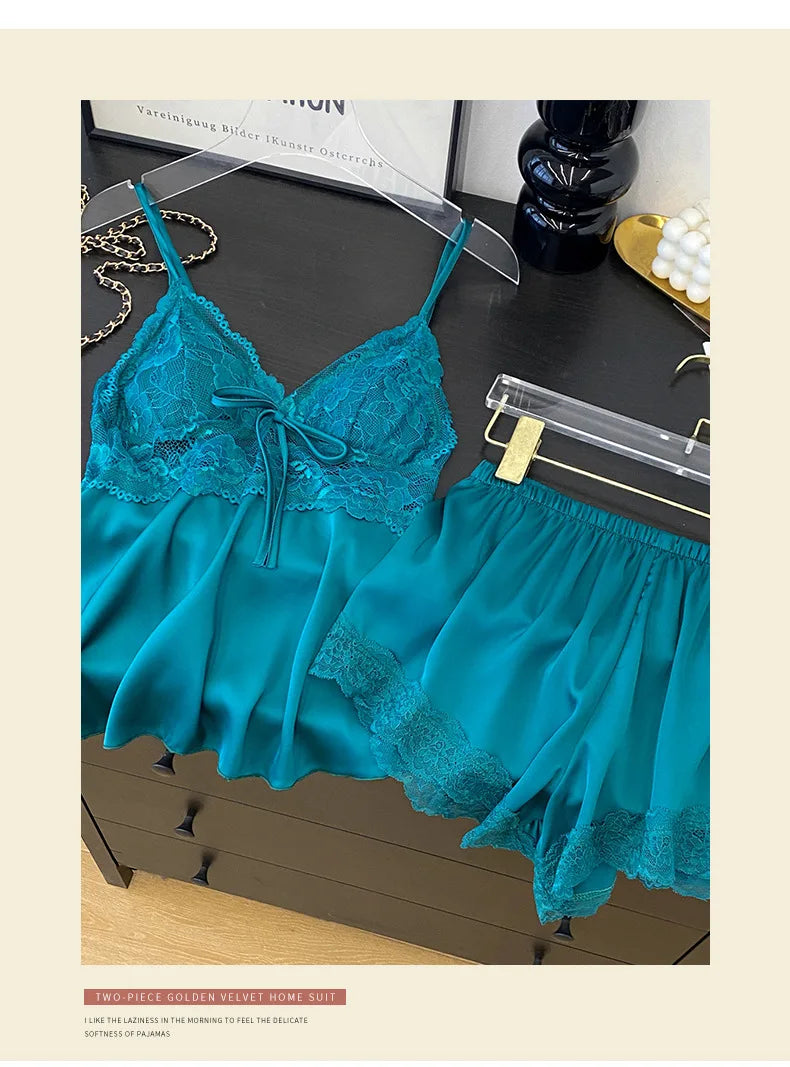 2PCS Women Lace Pajamas PJS Set Femme Satin Sleepwear Home Clothes Strap Camisole&Shorts Sleep Suit Summer V-Neck Lingerie