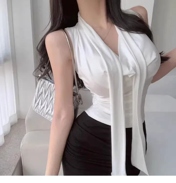 Dongda Gate Pure Desire Sexy Woman Flavor Sleeveless T-shirt Upper Body with Sash Ladylike Temperament Commuter Style Regular...