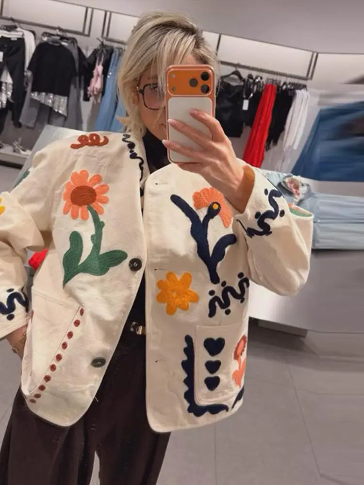 Women Print Floral Jacket Colorful Casual O-neck Long Sleeve Single Breasted Pocket Jackets 2026 Spring Summer Chic Retro Coat
