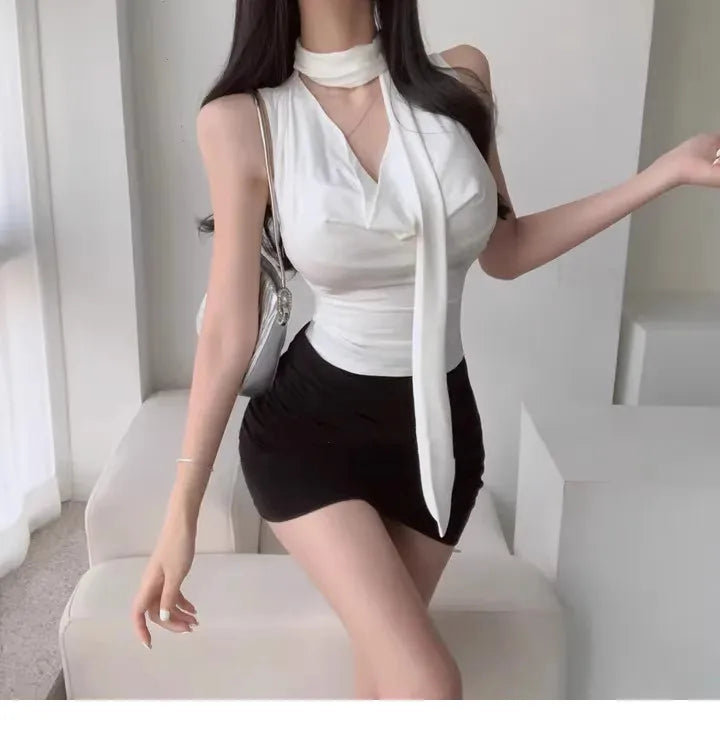 Dongda Gate Pure Desire Sexy Woman Flavor Sleeveless T-shirt Upper Body with Sash Ladylike Temperament Commuter Style Regular...