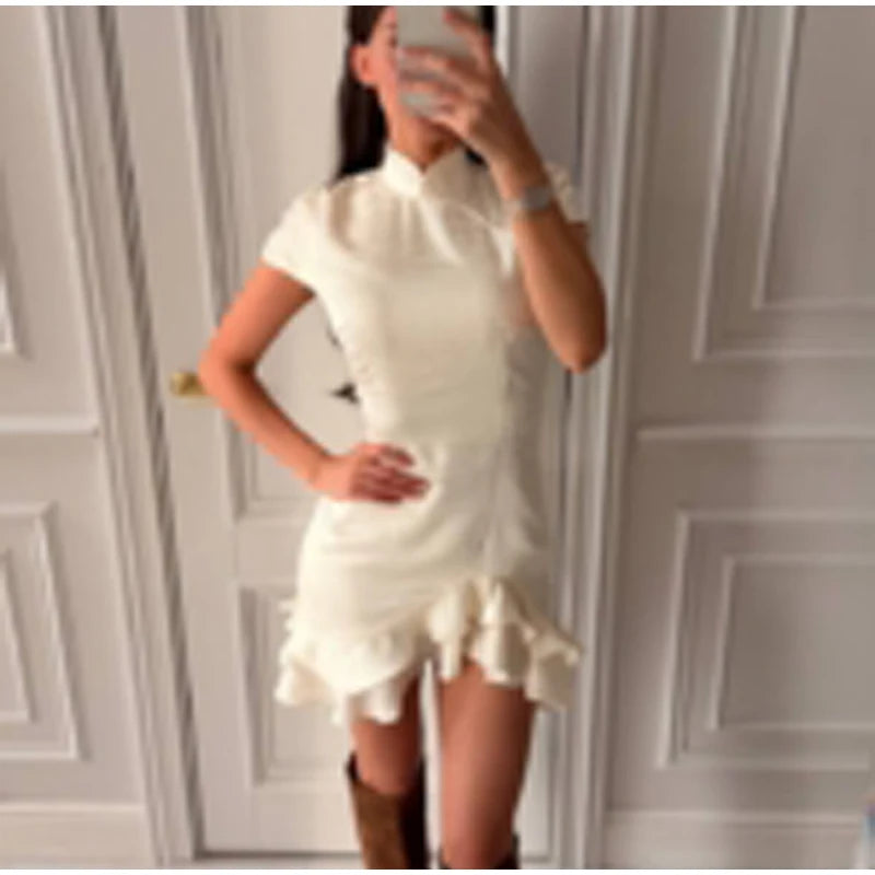 Elegant Print Low-cut Ruffle Short Dress Women V-neck Short-sleeved Waist Cinching Pleated Mini Dresses Lady Party Vestidos 2026