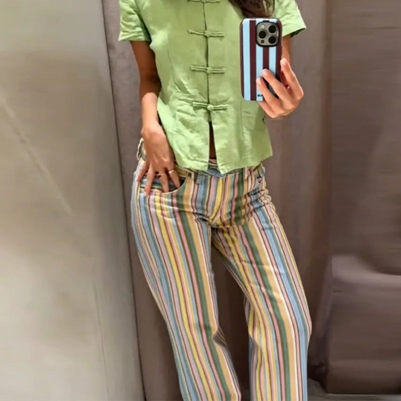 Colorful Striped Jeans for Women Low Waist Straight Leg Trousers High Street Casual Long Denim Pant 2026 NEW Daily Lady Jeans