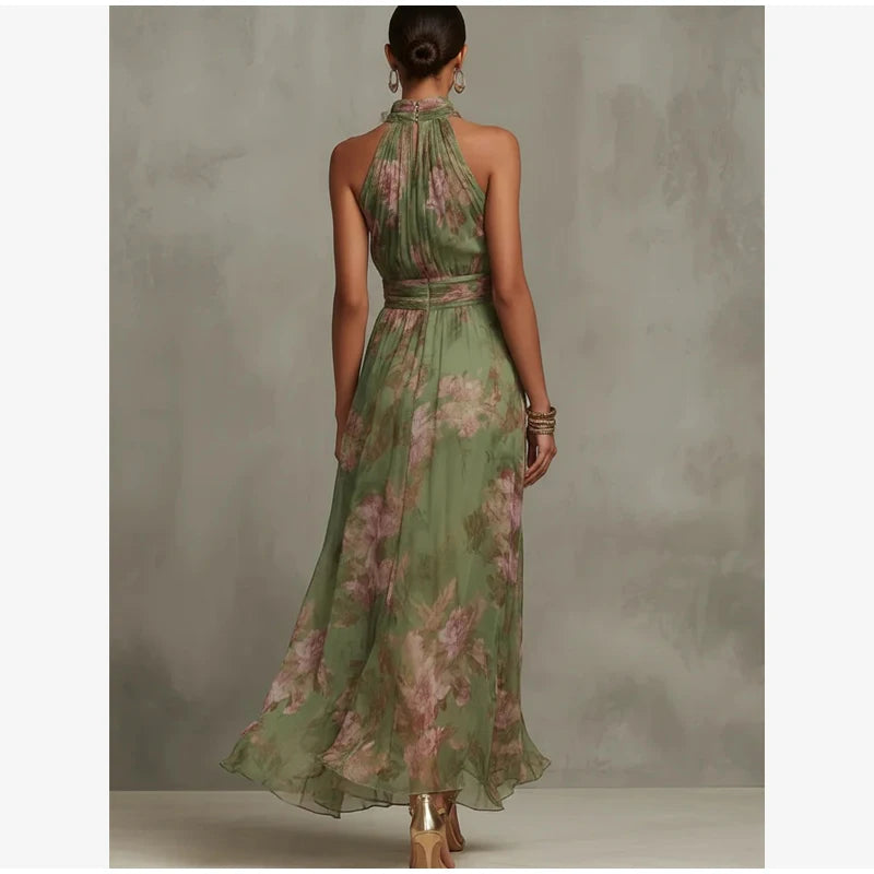 Pink Floral Print Slim Fit Dress Women Chic V-neck Ruffle Trim Flare Full Sleeves Ruched Slit Long Dresses Lady Elegant Wear New
